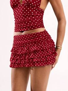SHEIN BAE 女士波尔卡圆点印花褶皱下摆短裙，时尚 - 酒紅色 - 查看 4