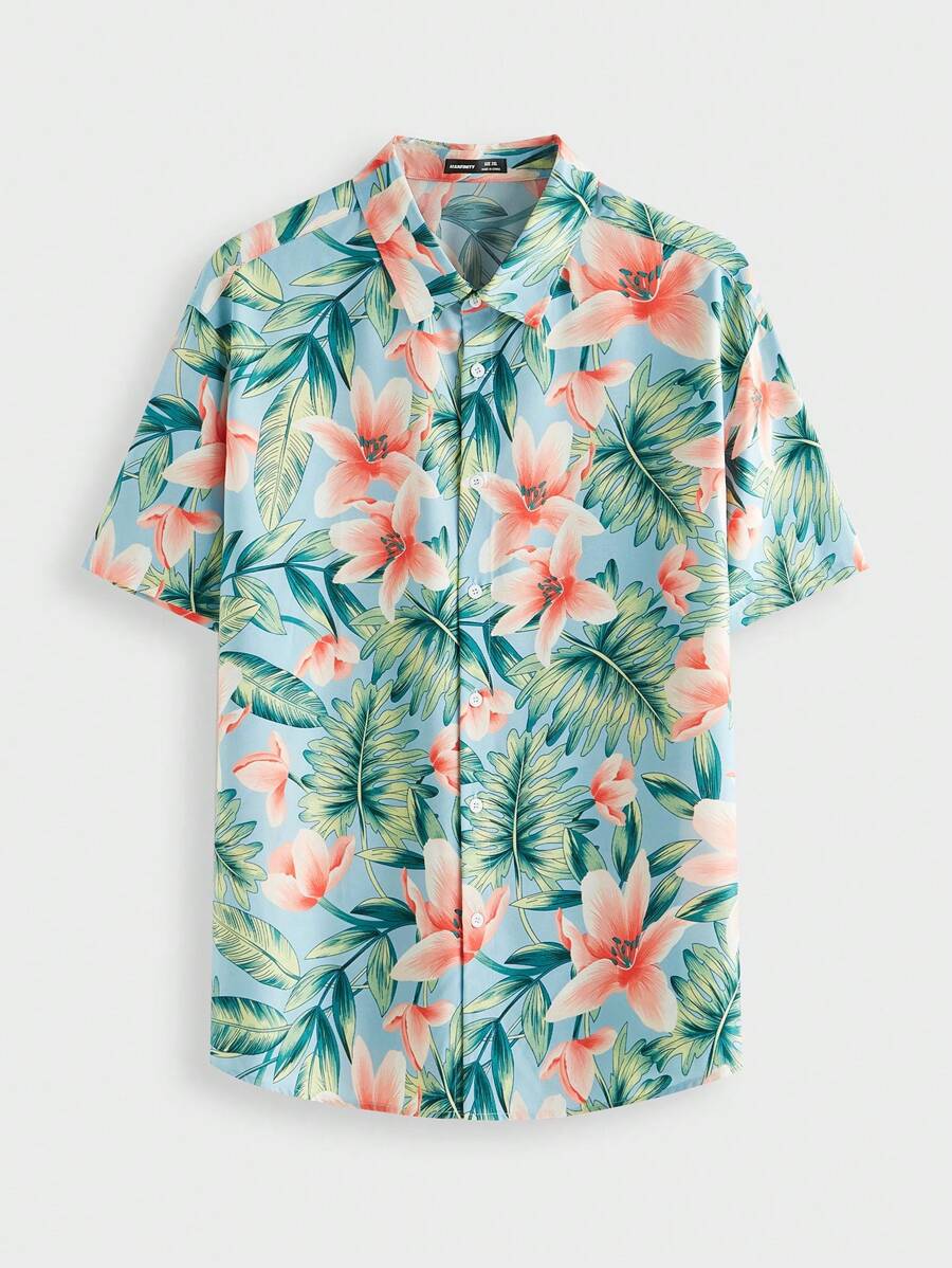 EASEVO 大码花卉印花休闲短袖梭织衬衫 - 淺藍色 - 查看 1