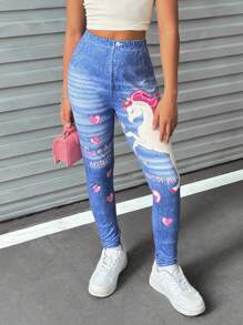 SHEIN Explorewe Tween Girl Unicorn & Letter Print Long Pants With Denim Effect - Blue - View 4