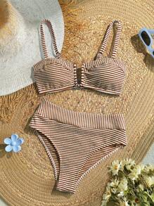 SHEIN VCAY Bộ đồ bơi bikini sọc gợi cảm đi biển mùa hè cho nữ - màu nâu - Xem 1