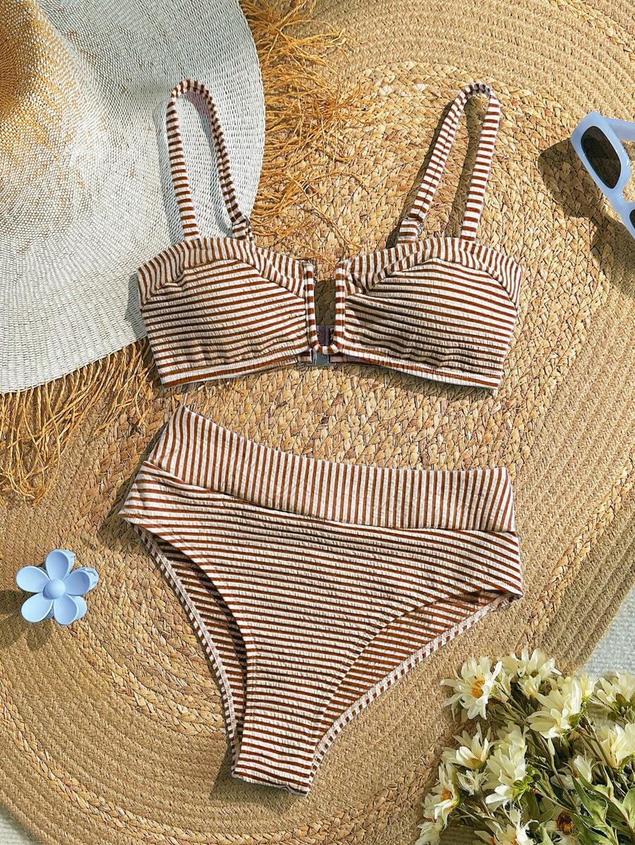 SHEIN VCAY Bộ đồ bơi bikini sọc gợi cảm đi biển mùa hè cho nữ - màu nâu - Xem 1
