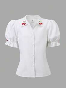 SHEIN Explorewe Camicia con colletto arricciato ricamato, maniche a sbuffo e fiocco decorativo sul davanti per ragazze pre-adolescenti - Bianco - Visualizzare 3