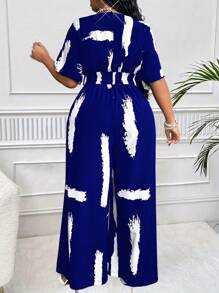 Maweii Plus Size Women Summer Elegant Black & White Contrast Print Criss-Cross V-Neck Short Sleeve Palazzo Jumpsuit - Multicolor - View 2