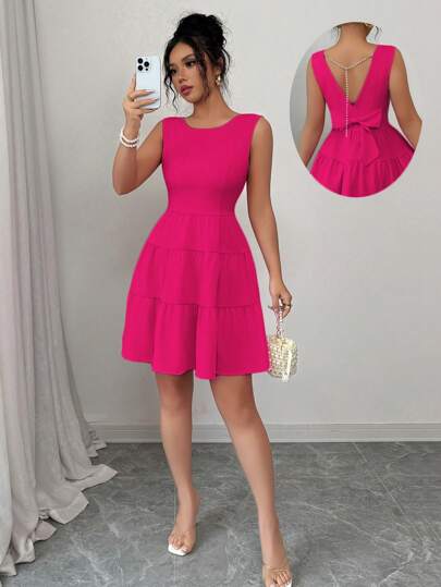 Elenzga Women Plain Round Neck Sleeveless Backside Bow Design Short Dress