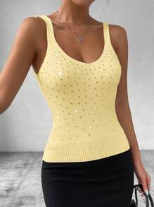 EMERY ROSE Women's White Rhinestone Ribbed Cami Tank Top - Yellow - View 3