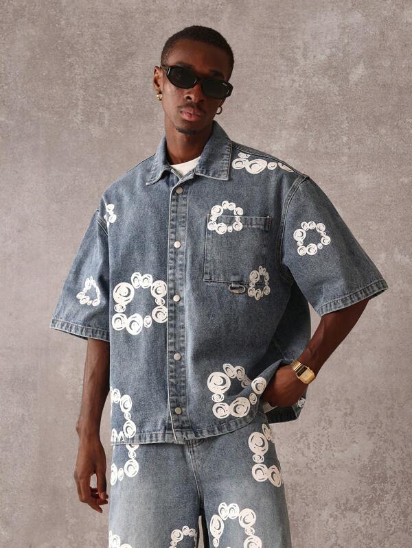 SUMWON Gemustertes, legeres Denim-Hemd für Festivals und Streetwear, oversized Sommer Resort Skater Style Knopfleiste