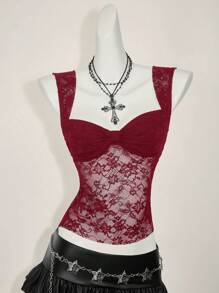 SHEIN ICON 女式蕾丝后背系带开衩性感时尚背心 - 酒紅色 - 查看 6