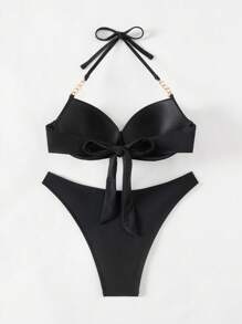 Swim SXY Women Beach Vacation Halter Backless Swimsuit Black Bikini Set, With Boning For Summer - Black - View 2