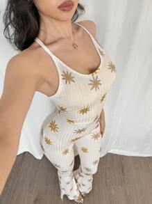 Women's Allover Printed Sexy Elastic Tight Unitard Jumpsuit Vacation, One-Piece Outfit - Beige - View 7