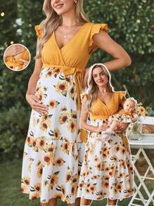 SHEIN Maternity Casual Contrast Color Patchwork Sunflower Print Dress  Sunflower Print Women Summer Clothes Dress Woman S Summer Clothes