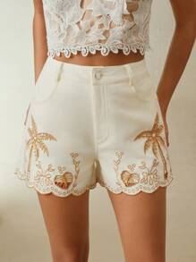 女士春夏重工激光刺绣椰树时尚优雅短裤，适合夏季、节日、假日、度假、休闲、海滩等场合穿着。 - 杏色 - 查看 1