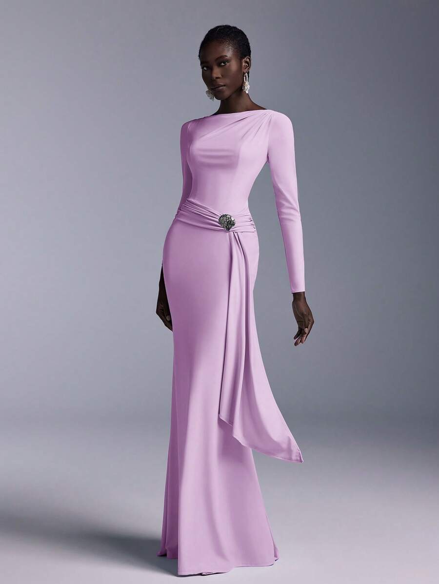 Elitara 优雅船领露肩长袖褶饰腰部金属贝壳纽扣装饰鱼尾伴娘礼服 - 淡紫色 - 查看 1