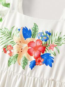 SHEIN Vestidos com Babados na Barra e Estampa Tropical para Meninas Jovens no Verão - Multicolorido - Visão 13