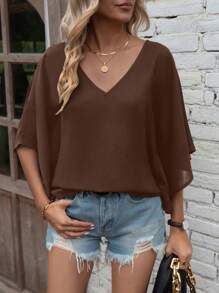 EMERY ROSE Women's Solid V-Neck Batwing Sleeve Loose Casual Fall Blouse Top - Brown - View 3