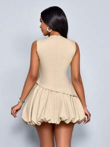 SOLERSUN Women Fashionable 2Pcs Set Asymmetric Hem Slim Fit Top And Mini Ruffle Hem Skirt - Apricot - View 2