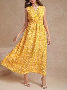 Amorya 女士無袖花卉印花集褶腰裙 - 黃色 - 查看 5