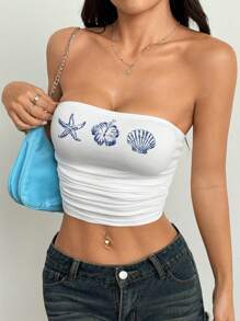SHEIN EZwear Casual Minimalist Ruched Body Floral, Seashell & Starfish Print, Ocean Vacation Pattern Bandeau Tube Top, Versatile For Summer, Vacation, Music Festivals, Girls Trips - Multicolor - View 5