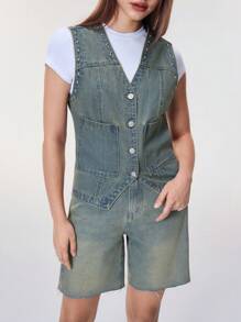 SHEIN BAE Áo khoác denim cổ chữ V cài một hàng khuy đơn giản cho nữ - Rửa nhẹ - Xem 3