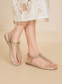 MOTF PREMIUM STUDDED FLAT FLIP FLOP SANDALS FOR CHRISTMAS - Gold - View 5