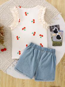 2pcs/Set Girls Fashionable Cherry Print Flounce Sleeve Top & Elastic Waist Embroidered Denim Shorts Set, Spring/Summer - Multicolor - View 2