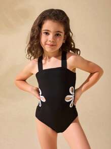 Travachic KIDS Baby Girl Cute Black Hollow Flower Pattern One-Piece Swimsuit, Summer
