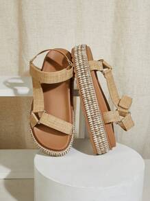 SHUZIA 畅销女式可调节绑带露趾拉菲草帆布鞋厚底鞋床拉菲草通用凉鞋 - 休闲、时尚、舒适