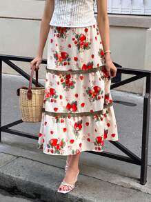 Chiquease Elegant Elastic Waist Floral Lace Patchwork A-Line Skirt - Apricot - View 5