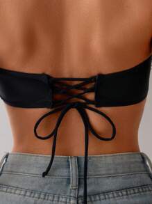 露背抹胸比基尼上衣，性感海滩度假泳装夏季 - 黑色 - 查看 4