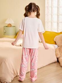 SHEIN Girls Cartoon Printed Short Sleeve Knit Crew Neck Pajama Set - White - View 3