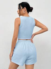 SHEIN EZwear 夏季蓝色针织无袖女式背心套装 - 藍色 - 查看 2