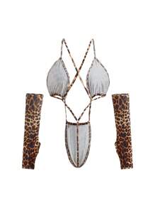 3pcs Leopard & Wildcat Costume Set , Bodysuit And Gloves And Headpiece, Sexy Animal Print Lingerie, Rave - Coffee Brown - View 4