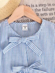 SHEIN LMoss Kids 青少年女孩休闲简约舒适圆领无袖荷叶边上衣和短裤两件套 - 藍色 - 查看 3