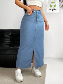 SHEIN Essnce 牛仔A字裙，纯色，时尚，适合夏季 - 藍色 - 查看 6