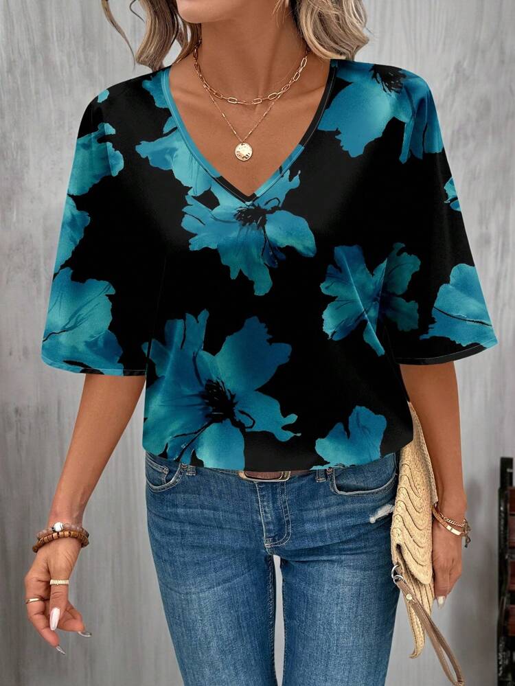 Casual Loose Flower Print V-Neck 3/4 Sleeve Women Blouse, Suitable For Summer