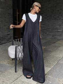 DAZY 女式深V领牛仔背带裤，休闲街头风格连体裤