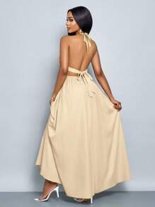 SOLERSUN 女士纯色露背 V 领度假海滩十字结露背长裙度假海滩装 - 杏色 - 查看 2
