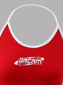 SHEIN Explorewe Teen Girl One Piece Red Letter Print Sporty Spaghetti Strap Mini Dress, American Style Color Blocking Snug Fit