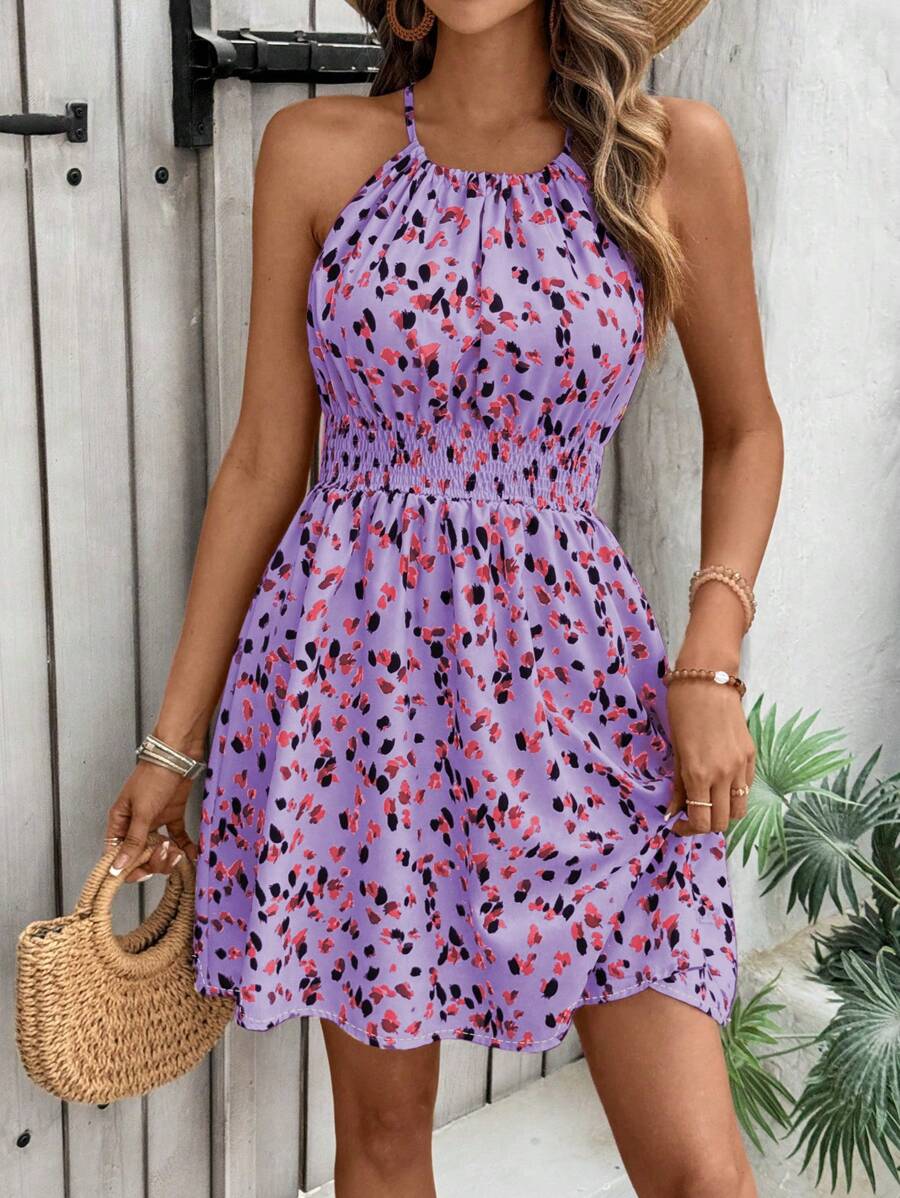 Breezaya Women's Full Print Waist Tie Halter Neck Vacation Dress - Lilac Purple - View 1