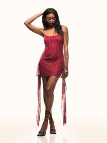 TypaGal Sexy Lace Patchwork Halter Bowknot Dress - Burgundy - View 4