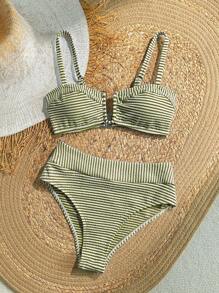 SHEIN VCAY 女士夏季沙滩条纹性感比基尼套装 - 軍綠色 - 查看 4