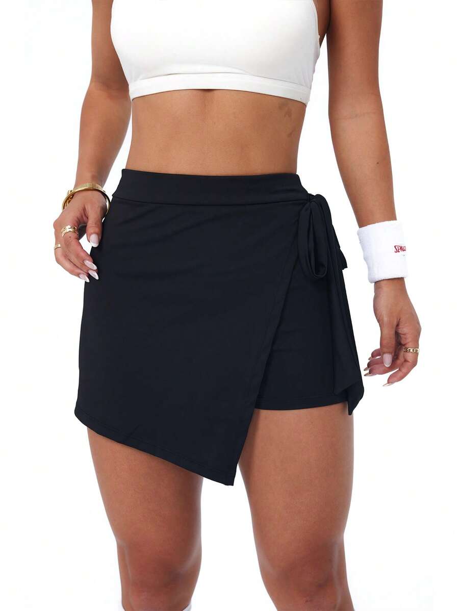 Easithlete Solid Color Criss-Cross Asymmetric Hem Wrap Around Sports Skirt Pants - Black - View 1