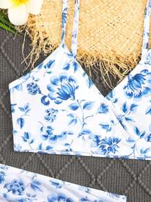 Set de 3 piezas de bikini con estampado floral y falda, traje de baño de verano - Multicolor - Ver 5