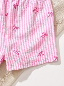 SHEIN Vintaside Kids 2 Pcs Baby Girl Toddler/Newborn 0-3Y Casual Daily Cute Vacation Striped Bow Tank Top + Shorts Set, Spring/Summer - Pink - View 9