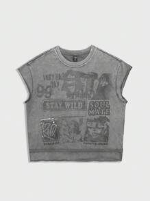 ROMWE MEN Street Life Conjunto de top sin mangas y pantalones cortos de cuello redondo estampado para hombre