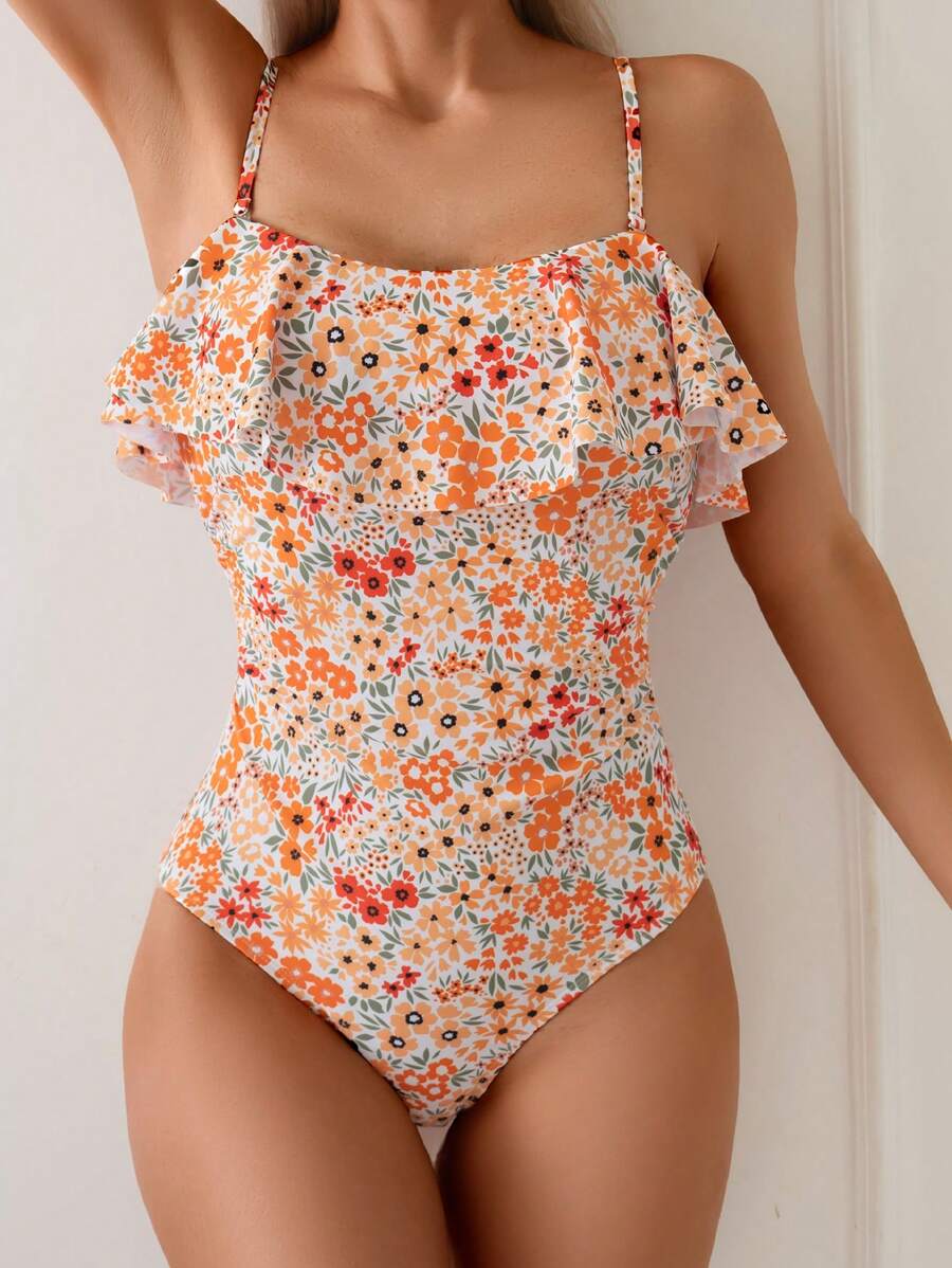 Swim Vcay 女士花卉印花荷叶边吊带连体泳衣，假日风格