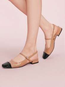 CUCCOO DOLLMOD 女士时尚棕色和黑色拼布玛丽珍平底方头鞋