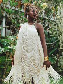 Travachic Plus Size Lace Hollow Out Tassel Halter Neck Beach Coverup For Summer Country Concert Outfit - Apricot - View 3