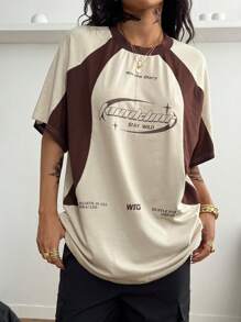 Coolane Women's Streetwear Oversized Racing Motorcycle Print Color Block Raglan Sleeve Jersey T-Shirt - Apricot - View 4