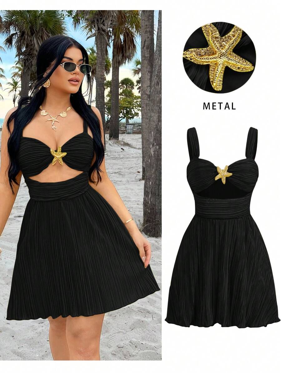 SHEIN SXY Rochie mini pentru femei, cu bretele lungi, cu decor metalic, pentru vacanță de vară și plajă