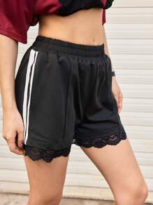 Streetz SHEIN Sport Women's Casual Sport-Inspired Elastic Waist Side Stripe Contrast Contrast Lace Shorts - Black - View 1
